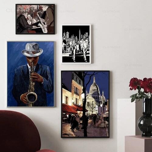 Street Man Playing Saxophone Nordic Posters and Prints Wall Art Canvas Painting Vintage Pictures for Living Room Decoration