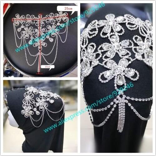 Luxurious teardrop crystal flower applique with fringes bridal wedding trims large rhinestone applique for headscarf decoration