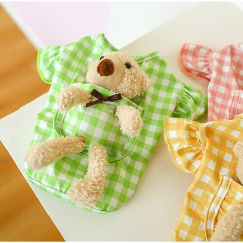 Pink Green Yellow Colors Pet Clothes with Bear Decoration Dog Cat Clothing Spring and Summer Plaid Flounced Sleeve Dog Shirt