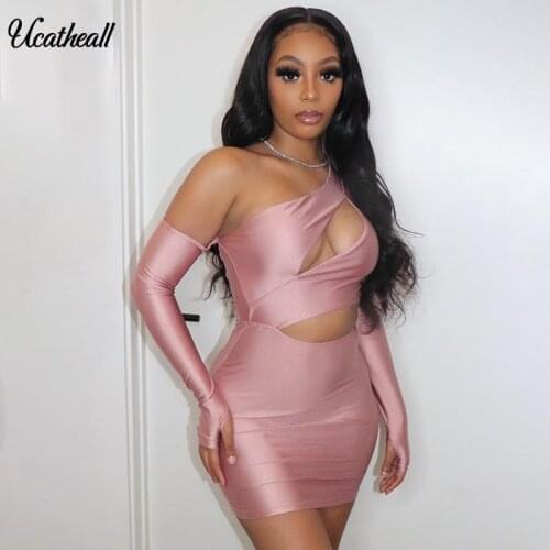 Sexy Bodycon Party Dress For Women One Shoulder Hollow Out Dresses Autumn Ladies Bandage Club Wear Dress