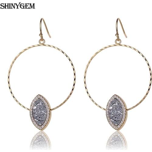 ShinyGem Exaggerated Big Hollow Evil Eye Earrings Twist Smooth Large Gold Circle Drop Natural Druzy Gem Stone Earrings For Women