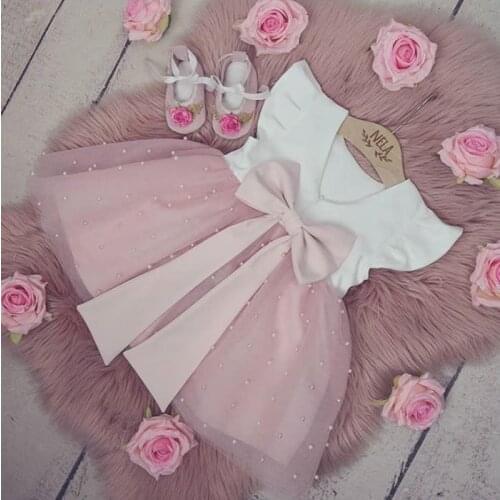 Sweety Summer Girls Dress Toddler Kids Baby Girl Princess Bowknot Tutu Dress Pearl Tulle Party Wedding Pageant Dresses