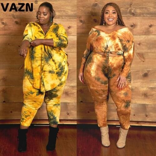 VAZN 2021 Top Quality Mature Overalls Retro Soft Lazy Plus Size Full Sleeve Top Long Pants Skinny Women 2 Piece Set