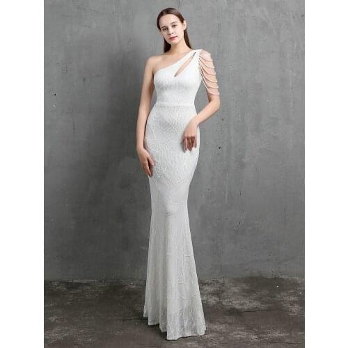 Partysix New 2021 Beads Party Women Dress Elegant One Shoulder Gold Long Sequin Evening Dress White Long Dress