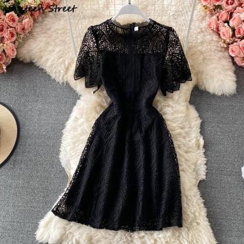 Black Lace Vintage Dress Woman O-neck High Waist Women Fashion Clothing Party Dress Summer White Short Sleeve Self Mid Dress