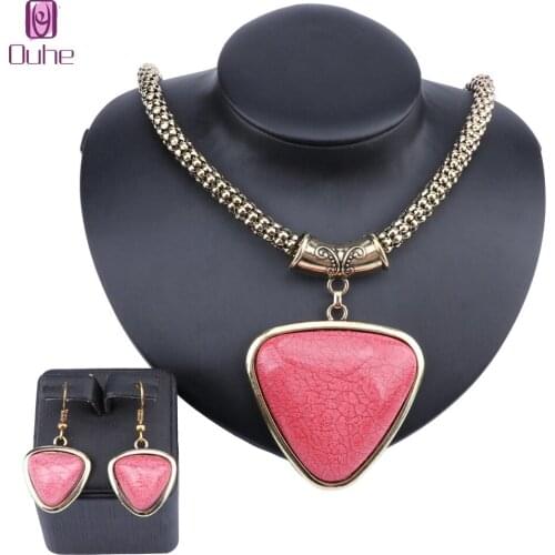 Vintage Luxury Palace Statement Heart Gem Necklaces Pendants Earring Wedding Gift Party Jewelry Set 10 Colors