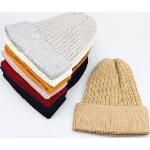 Girls Camel Pink Mustard Red Knit Warm Winter Hat 2020 Soft Women Men Solid Chenille Beanie with Matching Wide Cuff