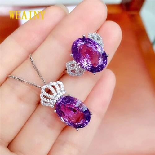 WEAINY 9 Carat Crown Shaped Natural Amethyst Ring Pendant Necklace Set Birds Nest Cut Amethyst Jewelry Womens Party Wedding