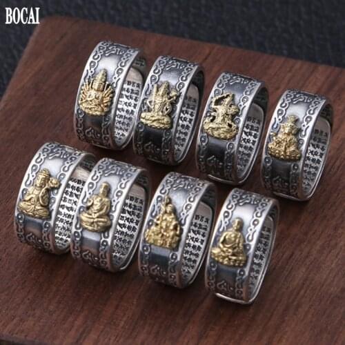 S990 pure silver jewelry destiny buddha ring for men and women vintage eight guardian deities, adjustable zodiac sign fortune