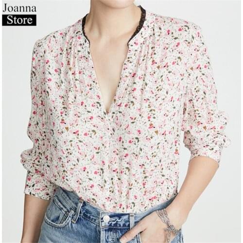Spring Summer New 100%Silk Printed Shirt Women V-Neck Lace Splicing Long Sleeve Floral Vintage Blouse Black Plus Size Loose Tops