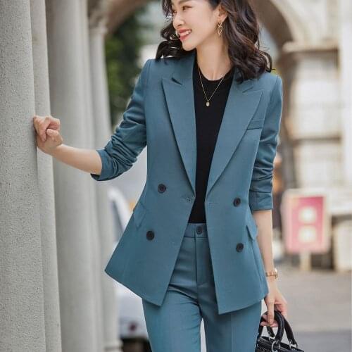 Korean office two piece suit skirt suit autumn and winter elegant long sleeve loose jacket pants two piece womens suit purple