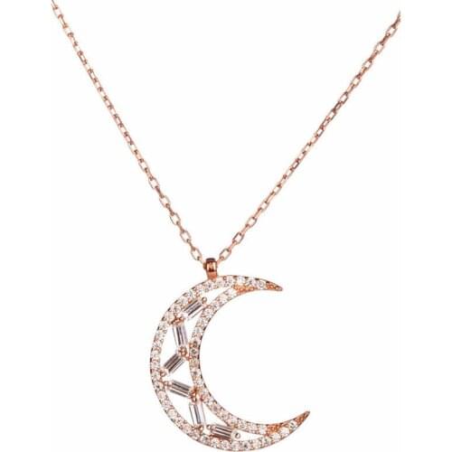 925 Sterling Silver Crescent Necklace with Baguette Stones Moon Pendant Necklace for Women Silver Chain Necklace