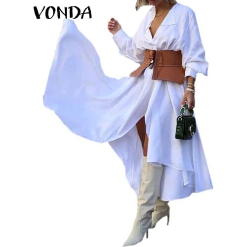 Women Spring Dress Casual Long Sleeve Solid Color Button Down Asymmetric Hem Shirt Dress 2021 VONDA Holiday Vestidos