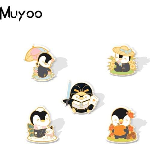 2021 New Kawaii Penguin with Four Seasons Landscape Graffiti Handmade Epoxy Acrylic Lapel Pins Clothing Pins for Kids