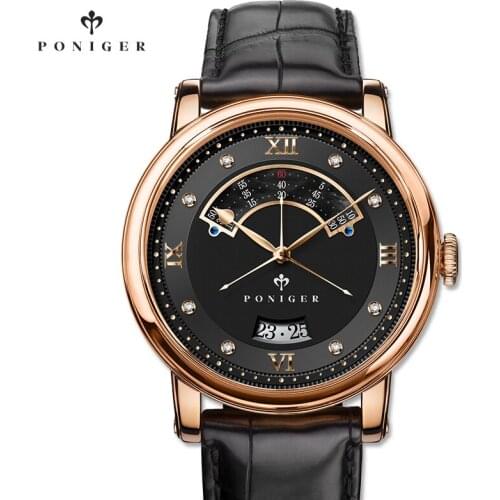 PONIGER Luxury Brand Men Watch MIYOTA Movement Business Male Wrist Watch Leather Strap Sapphire Glass Waterproof Watch