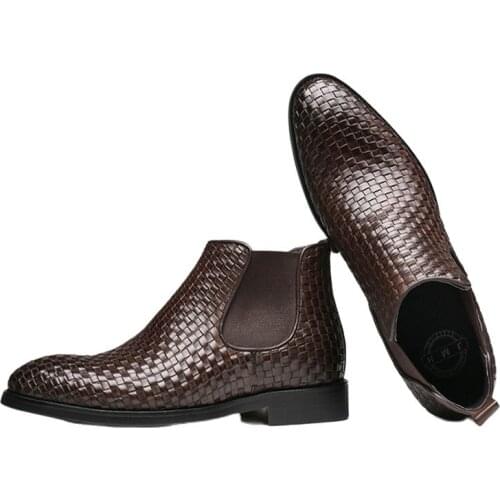 Mens leather boots, high-top shoes, woven mens shoes, small round head cowhide, single boots made of pure leather