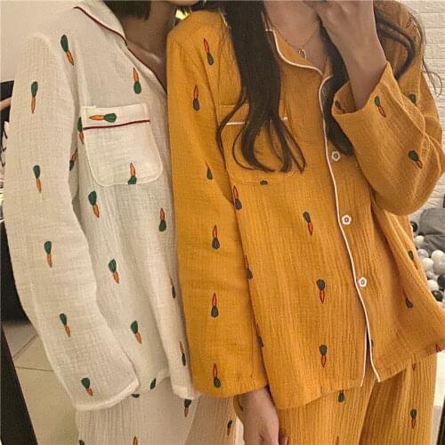 QWEEK Cotton Pajamas for Women Korean Sleepwear Fruit Cartoon Pijama Autumn Comfortable Clothes for Home Pyjamas 2 Piece Set