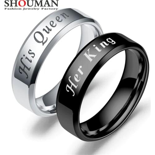 SHOUMAN Stainless Steel Couple King Queen Wedding Band Rings For Lovers Promise Valentines Day Present