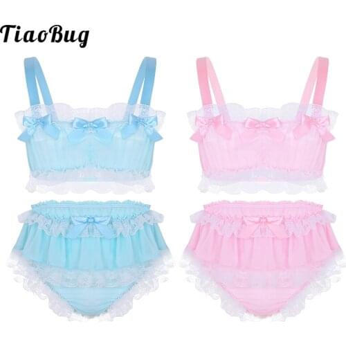 TiaoBug 2Pcs Sexy Mens Ruffled Lace Sheer Chiffon Sissy Lingerie Set Sleeveless Crop Top With Skirted Petticoated Panties