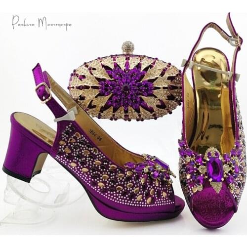 Purple New Fashion Crystal Comfortable Heels And Bag Set Mature Style Woman Shoes And Matching Purse Set For Party