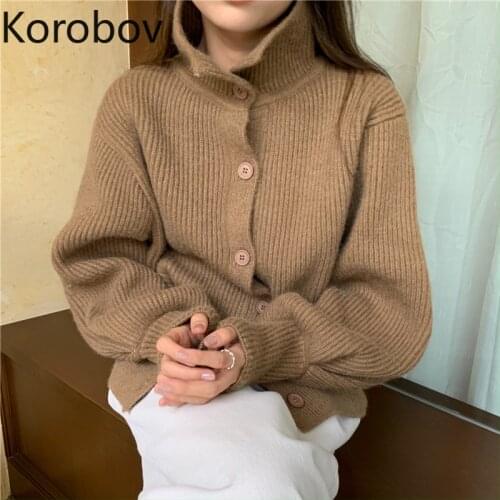 Korobov 2021 New Autumn Winter Outwear Knitted Cardigan Korean Elegant OL Turtleneck Long Sleeve Cardigan Sweater Solid Knitwear