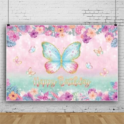 Laeacco Butterfly Flower Baby Happy Birthday Party Backdrop For Photograph Child Portrait Customized Poster Photocall Background