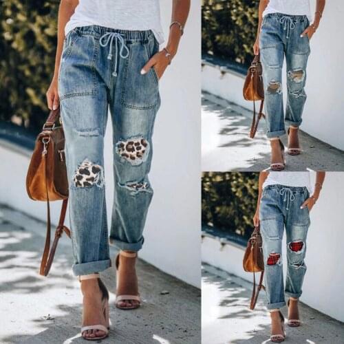 Summer Womens Casual Blue Jeans Pattern Printed Loose Ankle-length Wide Leg Straight Pants Holes Tight Waist Denim Women
