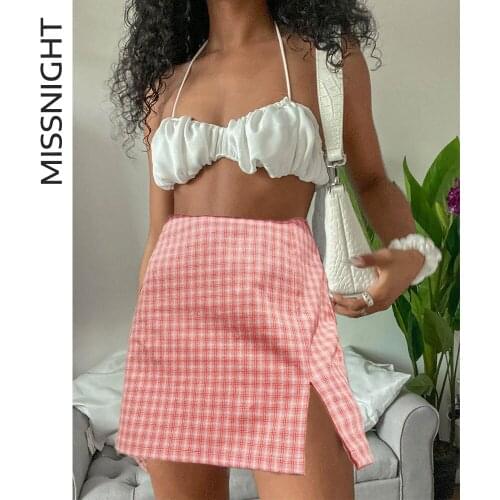 Missnight Summer 2020 Plaid Skirt Women Girls Bodycon Mini Dress BM Style Split Streetwear School Holiday Casual Outfits