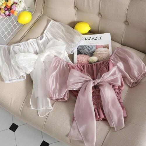 HISUMA Summer Slash Neck Puff Sleeve Women Sexy Bandage Strap Bow Shirt Lady Short Elastic Slim Organza Chiffon Chic Blouse Tops