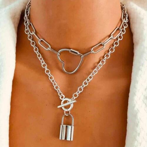 HaHaGirl Fashion Multi-Layer Lock Pendant Necklaces For Women Silver Color Metal Necklace Design Jewelry Wedding Party Gifts