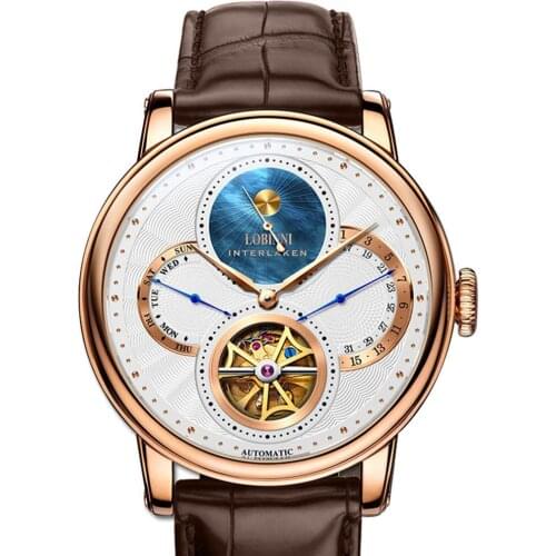 Men automatic watch,mens wrist watches LOBINNI skeleton luxury mechanical wristwatch waterproof timepiece leather strap clock