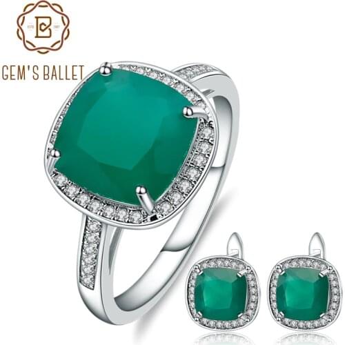 GEMS BALLET 9.62ct Natural Green Agate Stud Earrings Ring Set 925 Sterling Silver Gemstone Fine Jewelry Set For Women Wedding