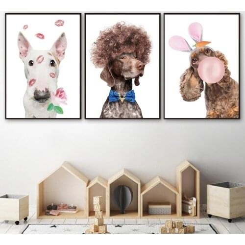 Canvas Wall Art, Puppy, Dog, Flower, Bubble, Red Lips, Nordic Posters & Prints, Wall Pictures, Nursery & Baby Decor