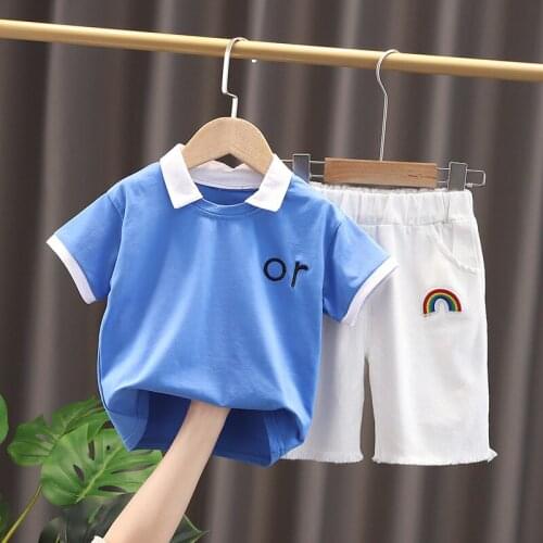 New Toddler Boys Casual Fashion Clothing Sets Summer Kids Patchwork Cotton T-shirt+Rainbow Print White Shorts Baby Girls Outfits