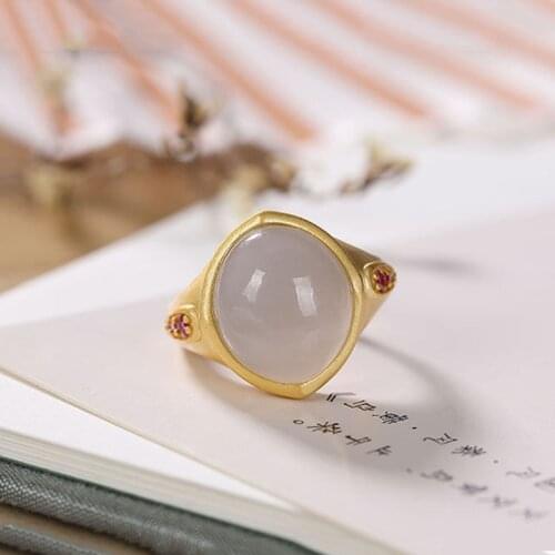 Original New silver inlaid natural Hetian Chalcedony opening adjustable ring Chinese style retro charming womens jewelry