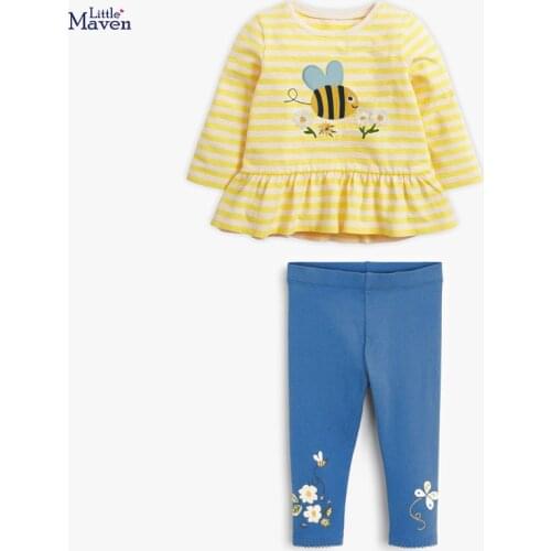 Baby Girl Fall Clothes Autumn Children Set Cotton Two Pieces Suit Toddler Yellow Striped Insect bee Shirt + Blue Flower Pants