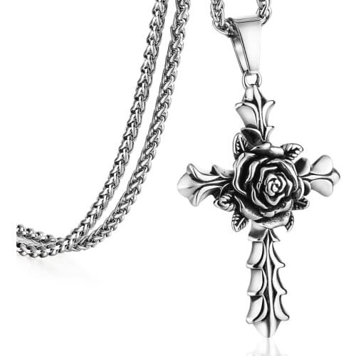 Hiphop/Rock Flower Pattern Stainless Steel Necklaces Link Chain Collier for Men Women Cross Pendant Necklace Party Jewelry
