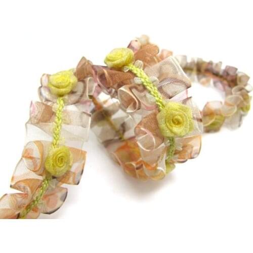 Pleated Trim|w Rococo Flower Trim|1 1/2 Inches Pleated Ombre Printed Chiffon Trim|Organza Chiffon Trim|Retro Handmade Supplies