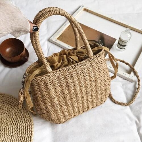 Bohemian Beach Rattan Bucket Bag String Drawstring Straw Bag Hand Made Long Strap Women Handbags Tote Bag Weaving Wicker Bag