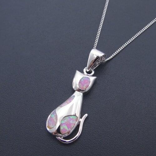 New Arrival Fashion Charms 925 Silver Plated Pendant with Pink Fire Opal Small Cat Pendant for Girls Birthday Gift without Chain