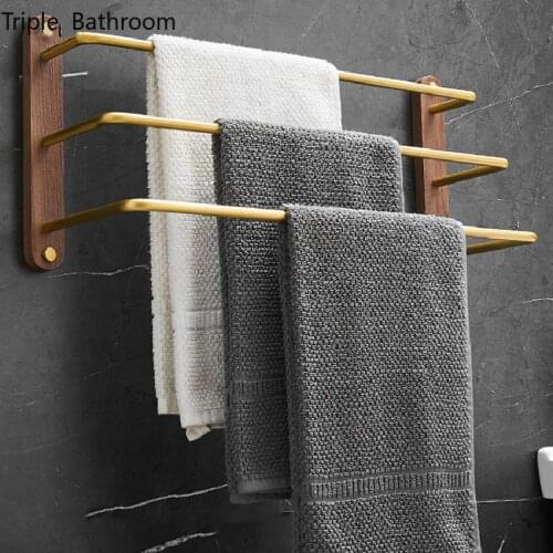 Simple Solid Wood Golden Space Aluminum Bathroom Accessories Home Room Bath Towel Rack Storage Hanger Punch-free Wall-mounted