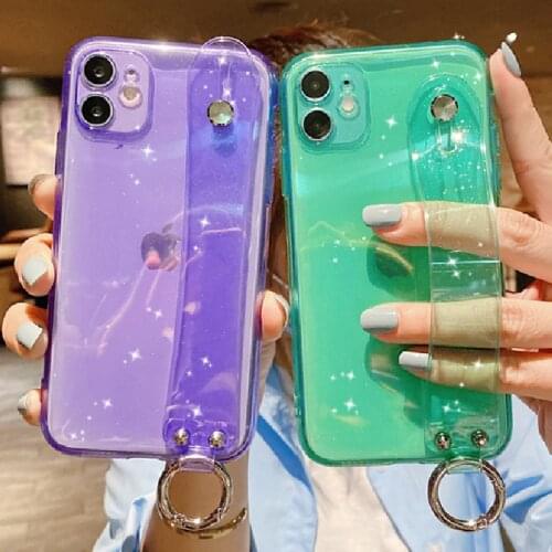 Wrist Strap Stand Transparent Phone Case For iPhone 11 Pro 12 Mini XR XS Max SE2 7 8 Plus Candy Wristband Glitter Silicone Cover