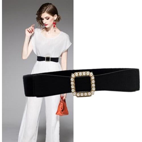New Fashion Women Elastic Belts Luxury Brand PU Pearl Buckle Stretch Waist Strap Dress Coat Sweater Lady Decorative Waistband