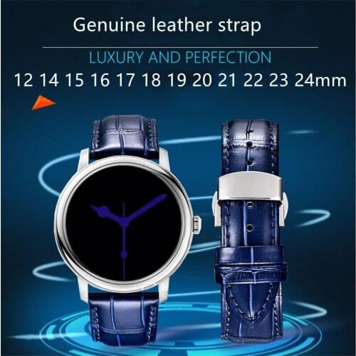 Universal Genuine Leather Strap 12mm To 24mm Blue Smooth Calfskin Watchband with Deployment Buckle For Automatic Quartz Watch