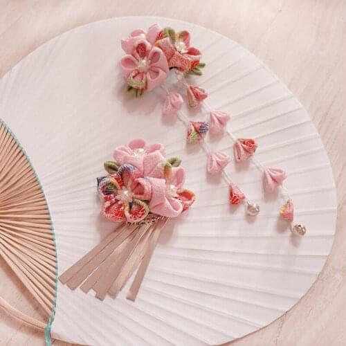 Ancient Handmade Hairpin Cosplay Accessories Headdress Kanzashi Sakura Tassel Tsumami Zaiku Kimono Yukata Barrettes Hair Clip