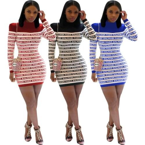 WJFZQM Vintage Striped Autumn Winter Dresses Women Letter Print Mini Dress O-neck Bodycon Work Office patchwork Casual Dress