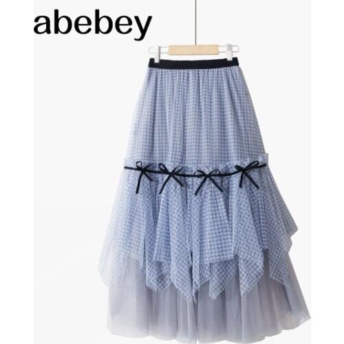 Korean Office Lady Women Skirts Vintage Eleagnt Bow Patchwork Mesh Faldas Mujer 2021 Summer High Waist A-Line Skirt