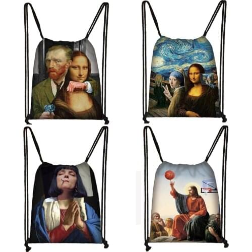 Funny Van Gogh Mona Lisa drawstring bag ladies storage bags women fashion backpack teenager girls party shopping bag
