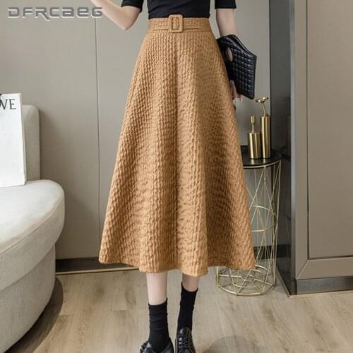 New Arrivals Summer Vintage Long Skirts With Belt 2021 High Waist Big Swing Camel Pleated Skirt Female A-Line Retro Saias