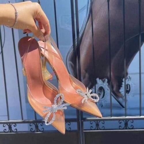 Women Sandals 2021 Summer Pointed Crystal Fairy Ladies Wind Sandals Rhinestone Butterfly-knot Transparent High Heel Sandals